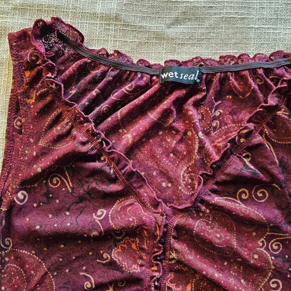 y2k Wet Seal Summery Sheer Red Paisley Cinched Slinky Sleeveless Blouse - Picture 3 of 7